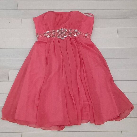 May Queen Women's Mini Strapless Bridesmaid Evening Dress Coral Pink Size 10 - Picture 1 of 5